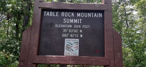 Sign at Table Rock Mountain Summit, elevation 3124 feet, with coordinates and South Carolina State Parks logo.