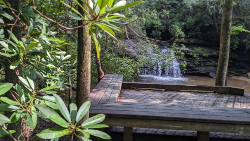 A wooden platform surrounded by lush greenery, overlooking a small waterfall in a serene forest setting.