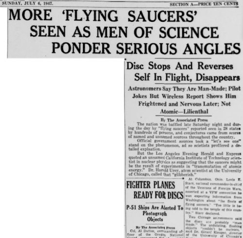 Headline from a 1947 newspaper discussing flying saucers and scientists' reactions, with a focus on a disappearing pilot.