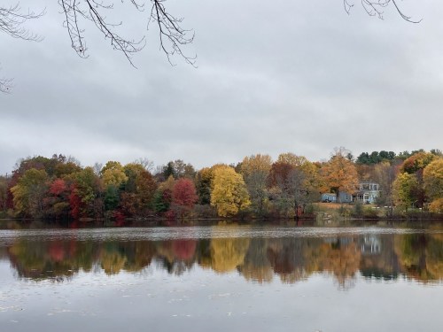 A serene lake reflects colorful autumn trees and a house under a cloudy sky.