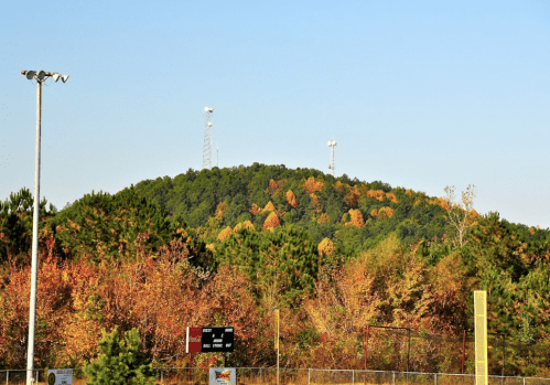 A hill with autumn foliage and communication towers, surrounded by trees under a clear blue sky.