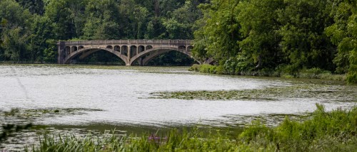 A stone bridge arches over a calm lake, surrounded by lush greenery and trees.