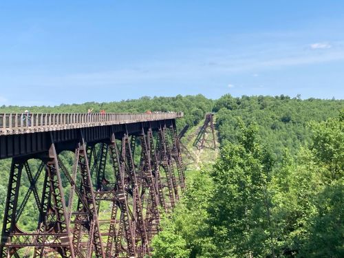A tall, metal bridge spans a lush green valley under a clear blue sky, with people walking along its path.