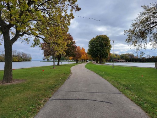 A scenic pathway lined with trees in autumn colors, leading to a calm lake under a cloudy sky.