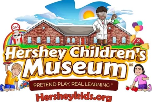 Colorful logo for Hershey Children's Museum featuring children playing, a scientist, and the tagline "Pretend Play. Real Learning."