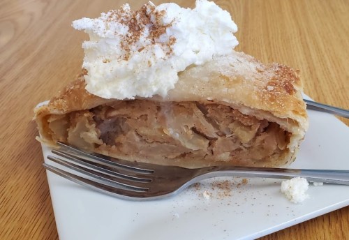 A slice of apple strudel topped with whipped cream and a sprinkle of cinnamon, served on a white plate with a fork.