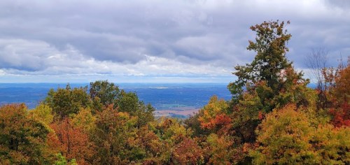 A scenic view of rolling hills and colorful autumn trees under a cloudy sky.