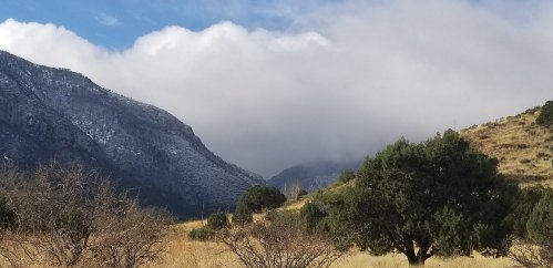 A scenic view of mountains with snow-capped peaks, under a cloudy sky, surrounded by grassy fields and sparse trees.