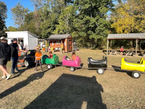 Children ride a colorful train on wheels at an outdoor event, with trees and picnic tables in the background.