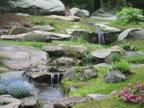 A serene landscape featuring rocks, small waterfalls, and colorful flowers in a lush, green setting.