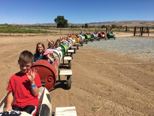 A line of children sitting in colorful barrel-shaped rides, smiling and waving in a sunny outdoor setting.