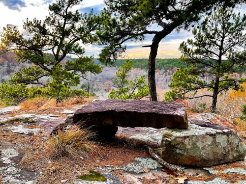 A rocky outcrop with a flat stone table, surrounded by trees and a scenic view of autumn foliage in the distance.