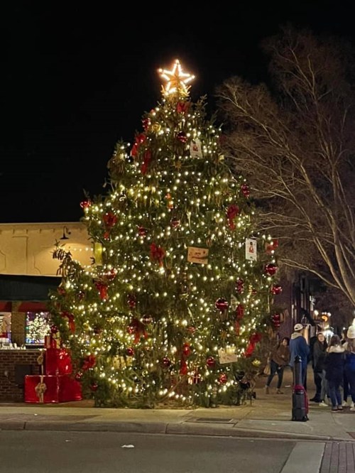 A beautifully decorated Christmas tree with lights and ornaments, glowing at night in a festive outdoor setting.