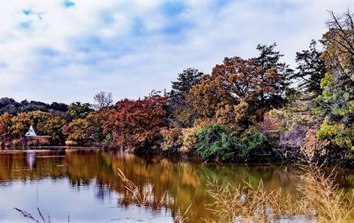 A serene lake surrounded by trees in autumn colors, reflecting the cloudy sky and nearby foliage.