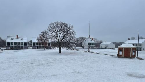 A snowy landscape featuring historic buildings, a large tree, and a flagpole under a gray sky.