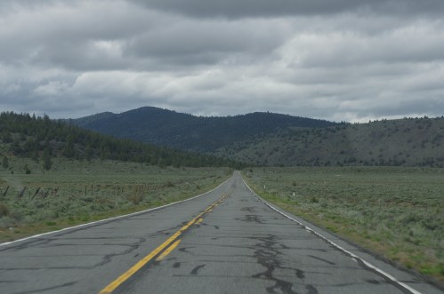 A long, empty road stretches through a green landscape under a cloudy sky, with mountains in the distance.