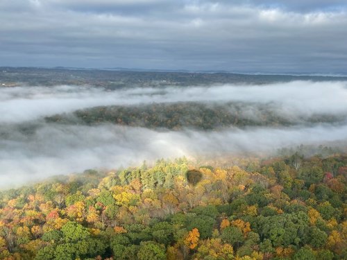Aerial view of a colorful forest with autumn foliage, partially shrouded in mist under a cloudy sky.