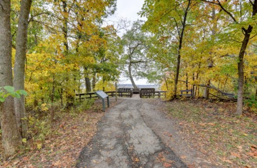 A winding path leads through trees with autumn leaves to a scenic overlook with benches by a body of water.