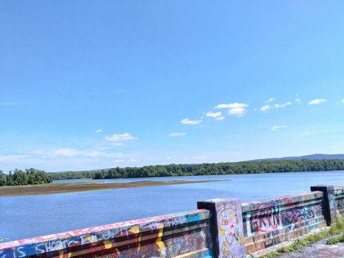 A scenic view of a river under a clear blue sky, with colorful graffiti on a stone wall in the foreground.