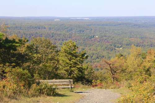 A scenic view from a hilltop, featuring a bench overlooking a lush, green valley and distant hills under a clear sky.