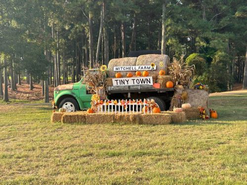 A green truck decorated with hay bales, pumpkins, and a sign reading "Mitchell Farm Tiny Town" in a grassy area.