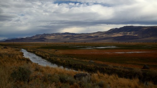A serene landscape featuring a winding stream, grassy fields, and distant mountains under a cloudy sky.