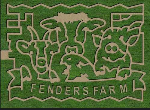 A grassy design featuring a cow, goat, pig, and chicken, with the text "Fenders Farm" below.