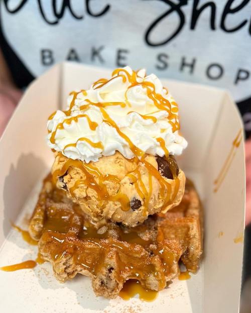 A delicious dessert featuring a cookie dough ice cream scoop on a waffle, topped with whipped cream and caramel drizzle.