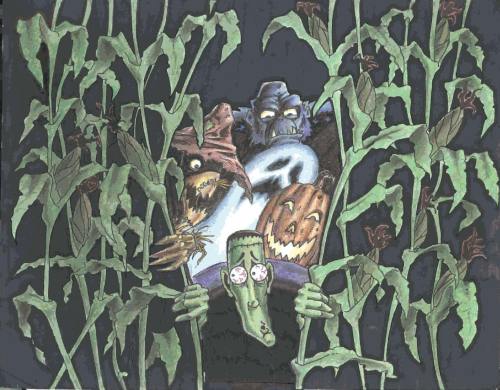Three spooky figures, including a scarecrow and two jack-o'-lanterns, peek through tall corn stalks in a dark setting.