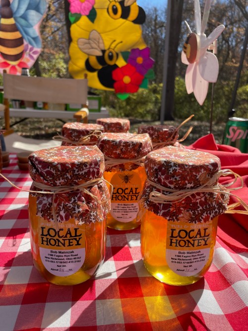 Jars of local honey with decorative lids on a checkered tablecloth, surrounded by colorful bee-themed decorations.