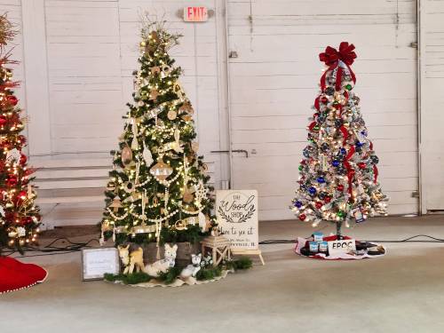 Two decorated Christmas trees in a festive indoor setting, one with lights and ornaments, the other silver with colorful decorations.