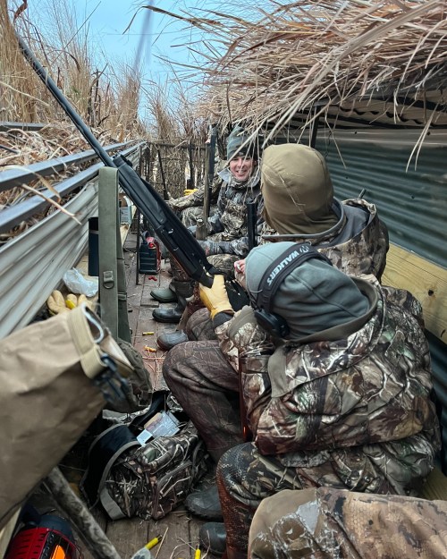 Hunters in camouflage gear sit in a blind, preparing their rifles amidst tall grass and reeds.