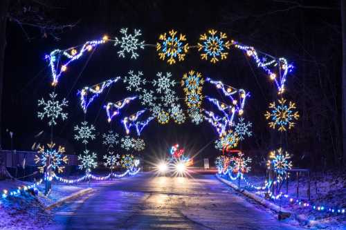 A festive light display featuring colorful snowflakes and stars arching over a dark road at night.