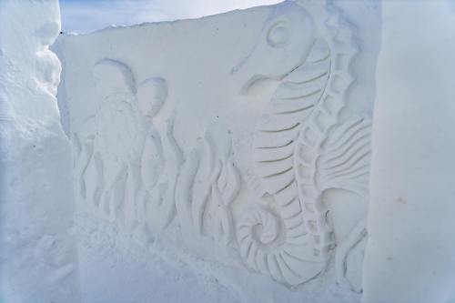 Carved snow sculpture featuring a seahorse and a turtle among wavy designs, set against a snowy background.