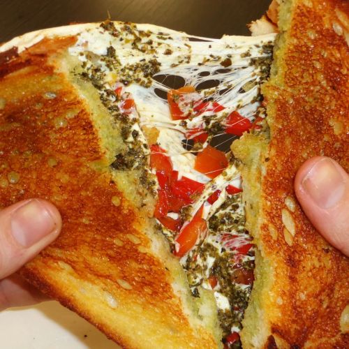 A close-up of a toasted sandwich filled with melted cheese, herbs, and diced tomatoes, being held by two hands.