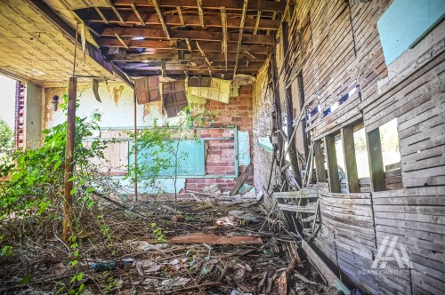 An abandoned interior with a collapsed ceiling, overgrown plants, and scattered debris on the floor.