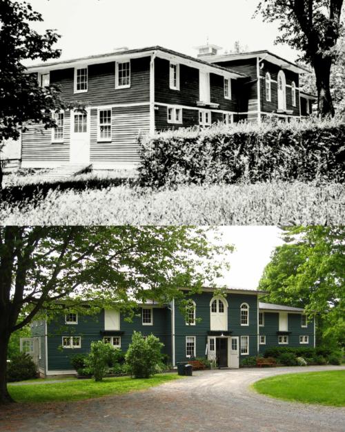 A historic building shown in two images: an old black-and-white photo above and a modern color photo below.