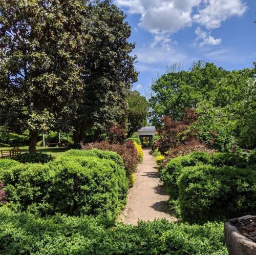 A serene garden path lined with lush greenery and trees under a bright blue sky with fluffy clouds.