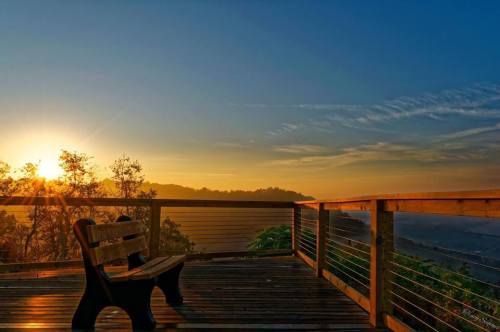 A wooden bench on a deck overlooking a serene landscape at sunrise, with trees and a calm sea in the background.