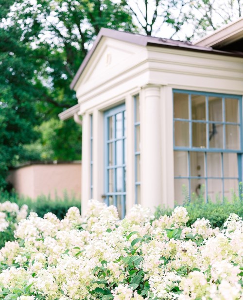 A charming house with large windows, surrounded by lush greenery and blooming white flowers in the foreground.