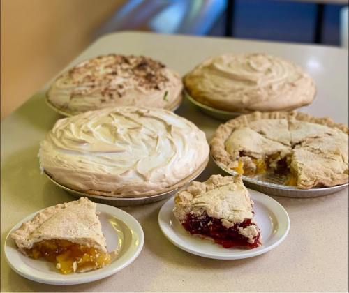 A variety of pies on a table, including meringue and fruit pies, with a slice of apple and cherry pie on small plates.