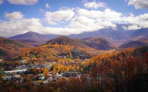 A scenic view of mountains and a town surrounded by vibrant autumn foliage under a partly cloudy sky.