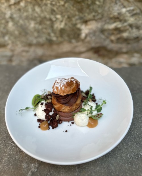 A gourmet dessert featuring layers of chocolate mousse, a pastry, and garnishes on a white plate.