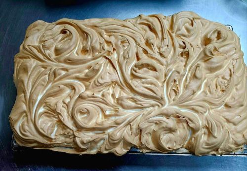 A rectangular dessert with a swirled, creamy caramel topping, displayed on a metal surface.