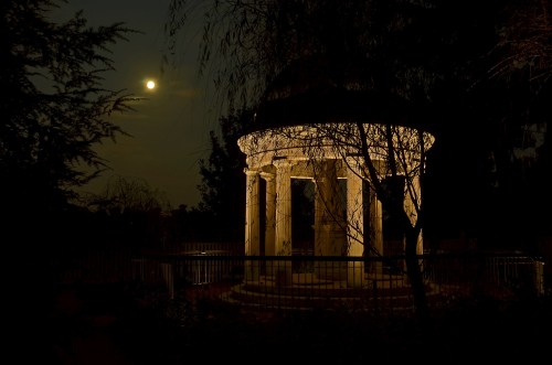 A lit gazebo surrounded by trees at night, with a full moon glowing in the sky above.