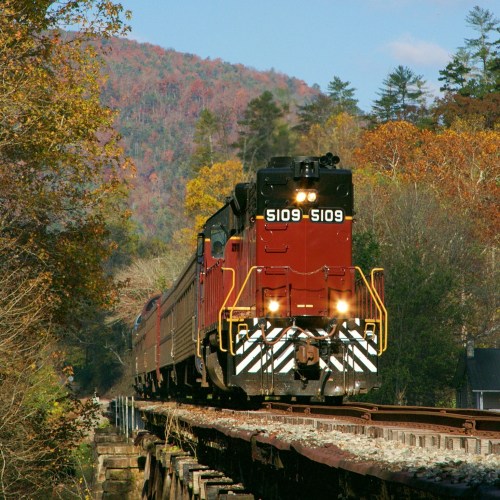 A red and black train travels along a track surrounded by colorful autumn trees and mountains.