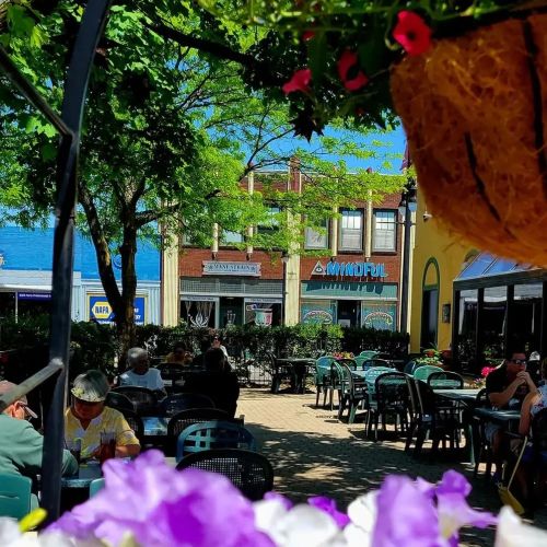 A vibrant outdoor dining area with green trees, colorful flowers, and people enjoying their meals at tables.