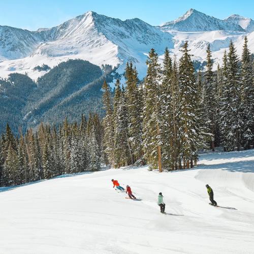 Four snowboarders descend a snowy slope surrounded by tall pine trees and majestic mountains under a clear blue sky.