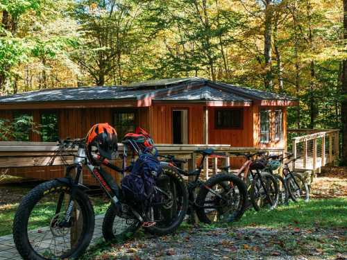 A wooden cabin surrounded by autumn foliage, with several mountain bikes parked in front.