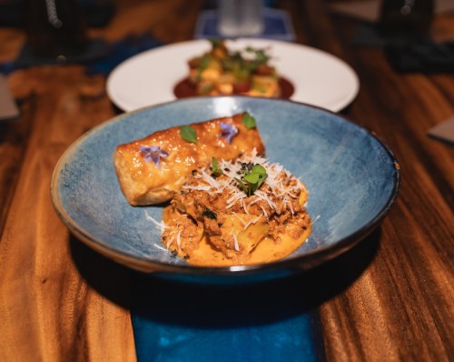 A blue bowl with creamy chicken dish topped with herbs and cheese, alongside a rolled burrito, on a wooden table.
